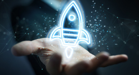 Man using startup digital neon interface 3D rendering