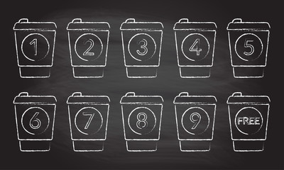 Take away coffee cup concept. Buy 9 cups and get 1 for free. Design element for promotion cafe card or loyalty voucher. Coffee to go icons isolated on chalkboard background. Vector illustration. 