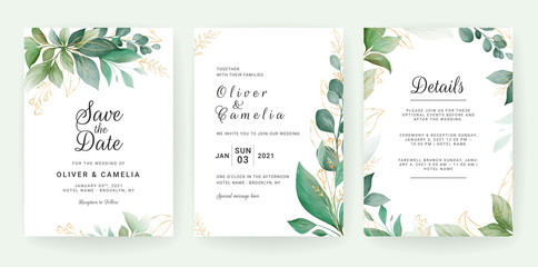 Wedding invitation card template set with leaves border. Flowers decoration for save the date, greeting, poster, cover, etc. Botanic illustration vector