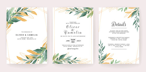Fototapeta na wymiar Wedding invitation card template set with leaves border. Flowers decoration for save the date, greeting, poster, cover, etc. Botanic illustration vector