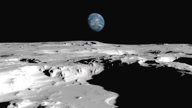 Flying over the surface of the moon with a view of the Earth. Realistic rocky moon surface with large craters