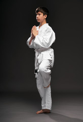Fototapeta na wymiar a teenager dressed in martial arts clothing poses on a dark gray background, a sports concept
