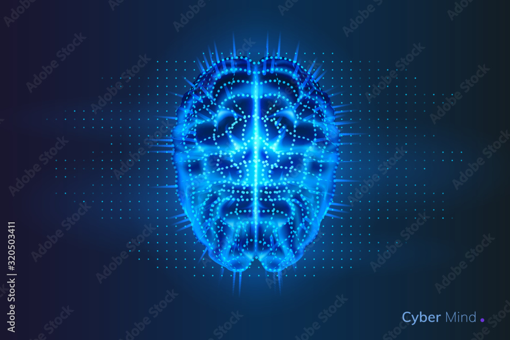 Poster Robot or cyber brain with geometry dots. Circuit board on human or artificial intelligence digital mind, polygonal neural network on glowing cyberbrain. Future technology concept