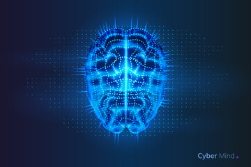 Robot or cyber brain with geometry dots. Circuit board on human or artificial intelligence digital mind, polygonal neural network on glowing cyberbrain. Future technology concept