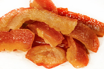 Extreme close up of candied orange peels. Italy