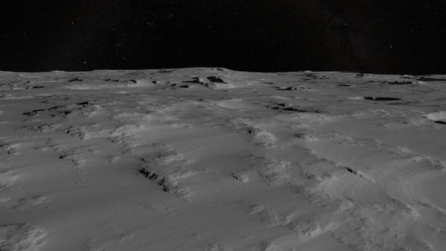 Moon or Luna Close-up surface animation view. Camera is flying over lunar grooves, ridges and craters. High detailed realistic 3D Environment. Scientific visualization in 4K