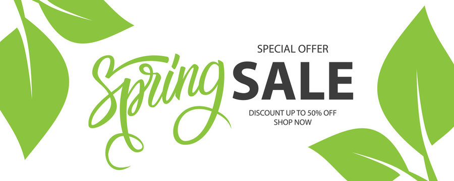 Spring Sale special offer banner. Springtime season background with hand lettering and spring green leaves for business, seasonal shopping, promotion and advertising. Vector illustration.