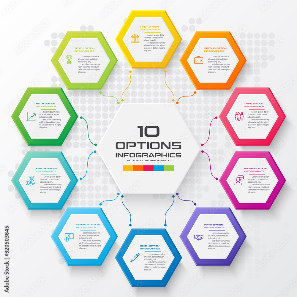 Fototapete abstract business infographics template with 10 hexagon box diagrams in white color background
