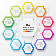 Abstract business infographics template with 10 hexagon box diagrams in white color background