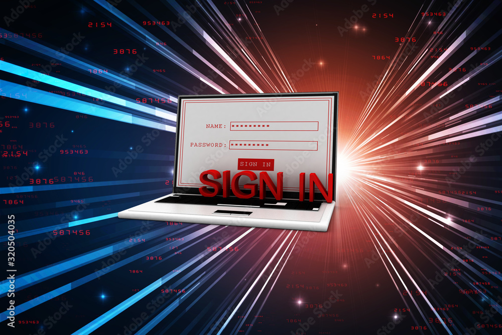 Poster 3d rendering laptop with sign in text