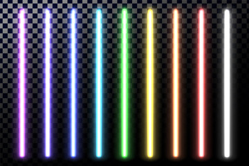 Glowing neon sticks. Fluorescent beams of laser light.