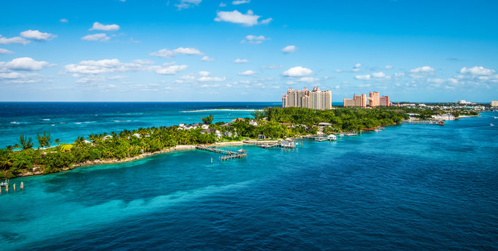 Panoramic landscape view of Paradise Island, Nassau, Bahamas.