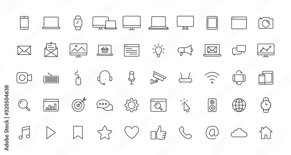 Poster set of device and technology and electronics web icons in line style. computer monitor, smartphone, 