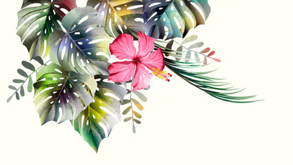 Tropical background with jungle plants. Vector exotic pattern with palm leaves.