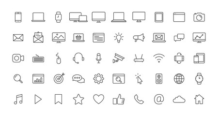 Set of Device and technology and electronics web icons in line style. Computer monitor, smartphone, tablet and laptop. Vector illustration.