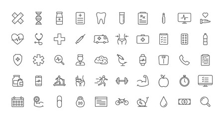 Set of Medical and Health web icons in line style. Medicine and Health Care, RX, infographic. Vector illustration.