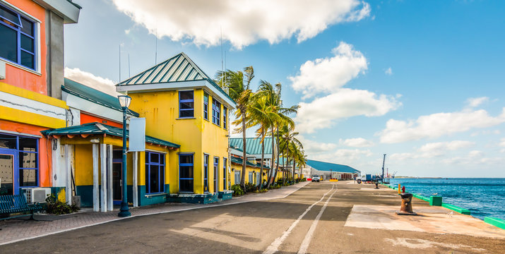 Colorful houses at the cruise terminal and port of Nassau, Bahamas.