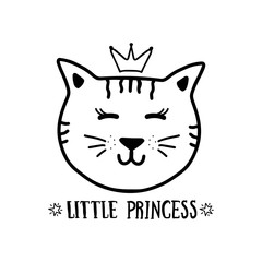 little princess. Vector hand drawn  cat's face. Cute character. Cartoon  doodle illustration. Print for clothes