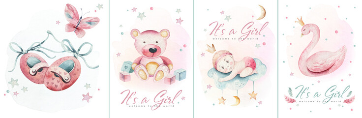 Fototapeta Baby shower watercolor girl design elements. Set of baby pink birthday illustration. Newborn party invitation obraz