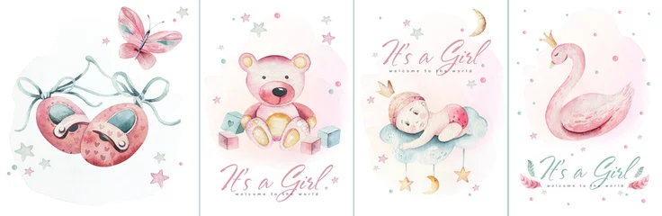Fototapeten Baby shower watercolor girl design elements. Set of baby pink birthday illustration. Newborn party invitation © kris_art