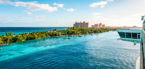 Cruise port of Nassau, Bahamas. View of Paradise Island from the ship.