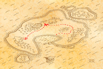 Ancient pirate map on old textured paper with red path to treasure in isometric view