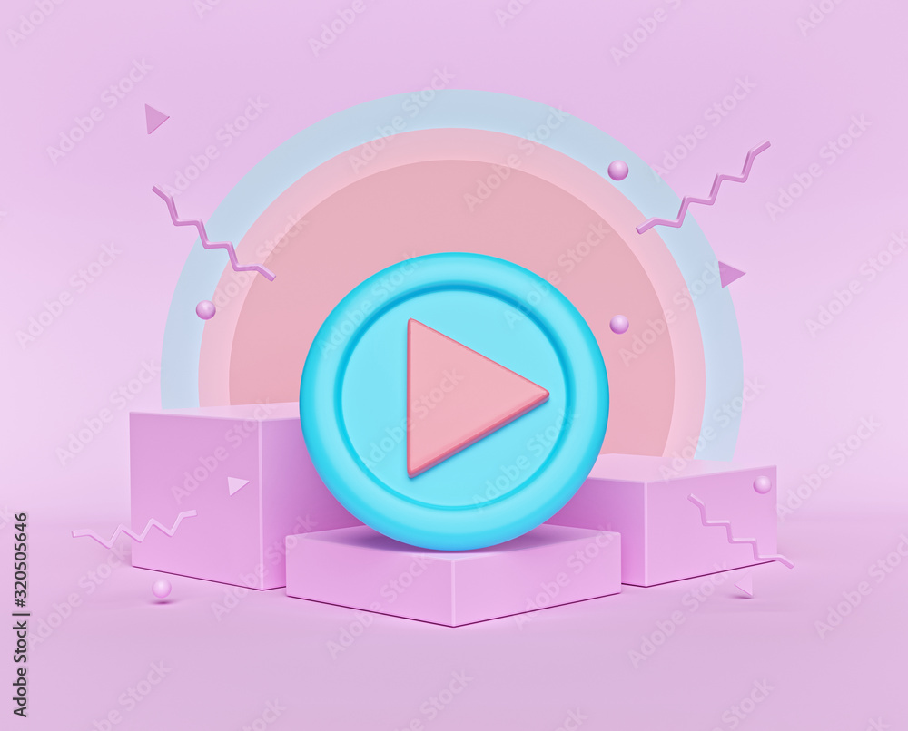 Poster abstract geometric shapes background with a round play button. trendy mockup. 3d rendering