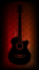 Black silhouette of a vertically positioned guitar on an abstract background of a red color guitar.