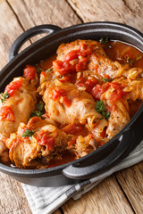 Andorran Cunillo Rabbit in Tomato Sauce is a national specialty dish closeup in a pan. Vertical