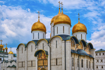 Fototapeta na wymiar The Assumption Cathedral in Moscow is located on the territory of the Kremlin, built in the 15th century - Kremlin, Moscow, Russia in June 2019