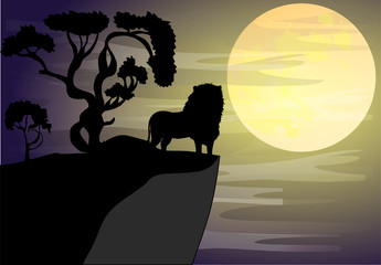 African landscape with animal silhouette. Savannah sunset background.
