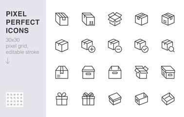 Box line icon set. Carton, cardboard boxes, product package, gift, parcel minimal vector illustrations. Simple outline signs for delivery service application. 30x30 Pixel Perfect. Editable Strokes