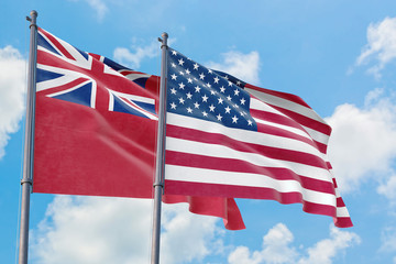 United States and Bermuda flags waving in the wind against white cloudy blue sky together. Diplomacy concept, international relations.