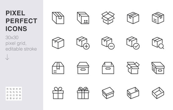Box line icon set. Carton, cardboard boxes, product package, gift, parcel minimal vector illustrations. Simple outline signs for delivery service application. 30x30 Pixel Perfect. Editable Strokes
