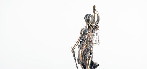 Statue of justice. Law and justice concept. White background with copy space.