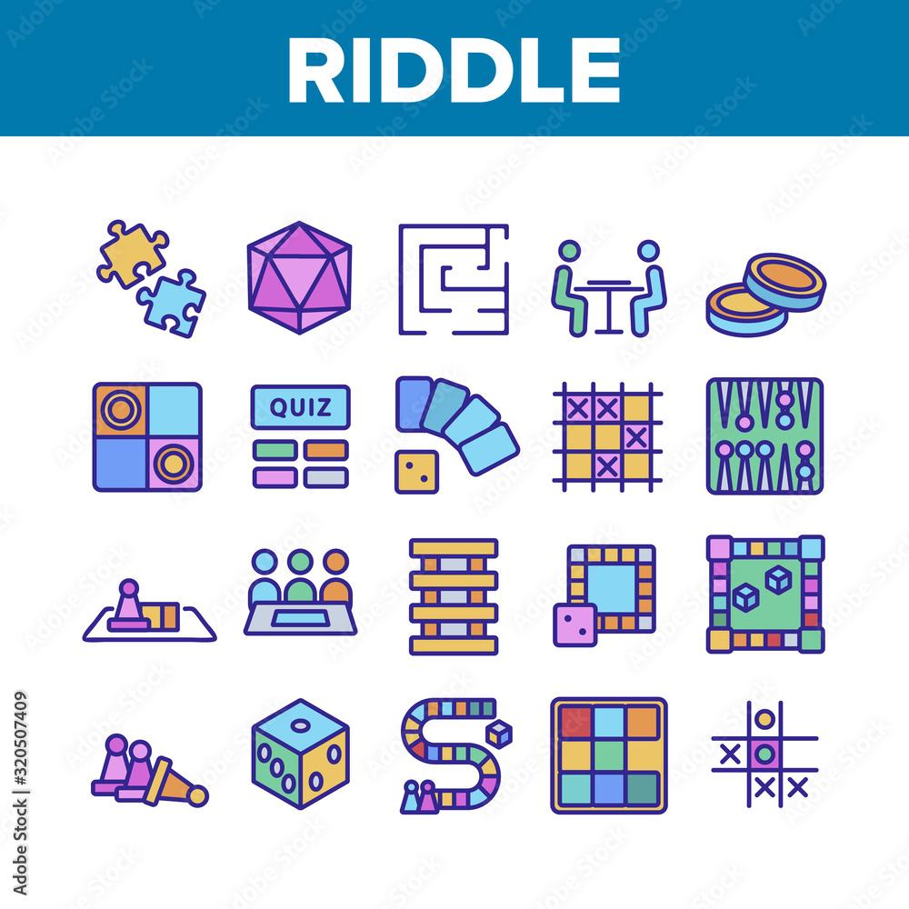 Poster riddle play equipment collection icons set vector thin line. riddle board game, puzzle with entry an