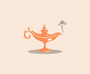 Magic gold lamp with smoke coming out. Cartoon illustration.