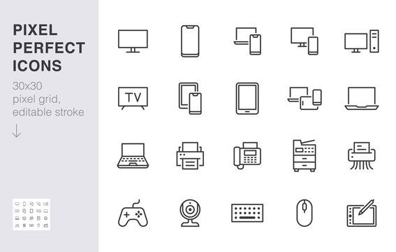 Devices line icons set. Computer, laptop, mobile phone, fax, scanner, smartphone minimal vector illustrations. Simple flat outline sign for web, technology app. 30x30 Pixel Perfect. Editable Strokes