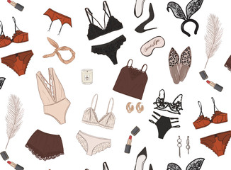 Women's lingerie hand-drawn background, blach beige underwear set illustration in vector. Sexy undergarment boutique advert, lingerie collection store art, bra panties set  shop advertising