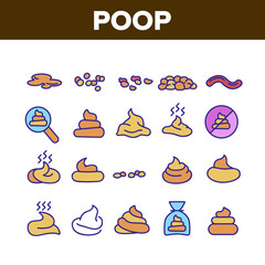 Poop Excrement Pile Collection Icons Set Vector Thin Line. Smell Poop In Different Form, In Bag And Crossed Mark, Research Magnifier Concept Linear Pictograms. Color Contour Illustrations
