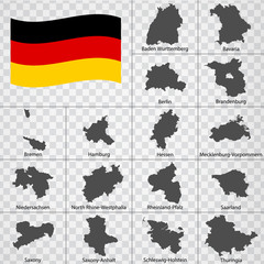 Sixteen Maps German lands - alphabetical order with name. Every single map of state are listed and isolated with wordings and titles. Federal Republic of Germany. Regions. EPS10.