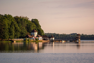Pier over the Olecko Wielkie lake in Olecko, Masuria, Poland - 320508407