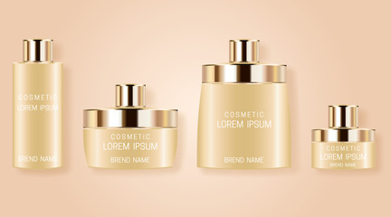 Set of realistic bottles for cosmetic products. Design of beautiful beige packaging with gold cap on pink background. Vector illustration.