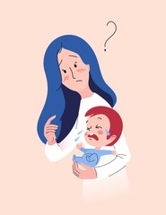 Worried Mother Holding her Newborn Boy Crying. Vector Illustration