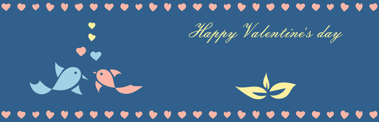 Valentine background with birds. Happy Valentines day text . Doodle with two birds and hearts on blue background