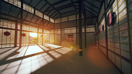 3D Japanese hall for karate training.