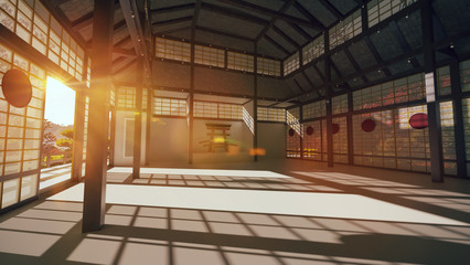 3D Japanese hall for karate training.