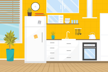 Cozy kitchen interior with furniture and stove, dishes, fridge and utensils. Home design. Flat vector illustration. Cartoon illustration.