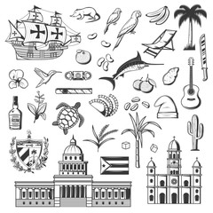 Cuba and Havana icons, travel and tourist famous landmark symbols. Vector Cuba flag, Havana parliament, cigar and historic frigate ship, sugar cane and rum, parrot and Caribbean guitar