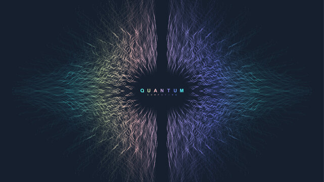 Quantum computer technology concept. Sphere explosion background. Deep learning artificial intelligence. Big data algorithms visualization. Waves flow. Quantum explosion, vector illustration.